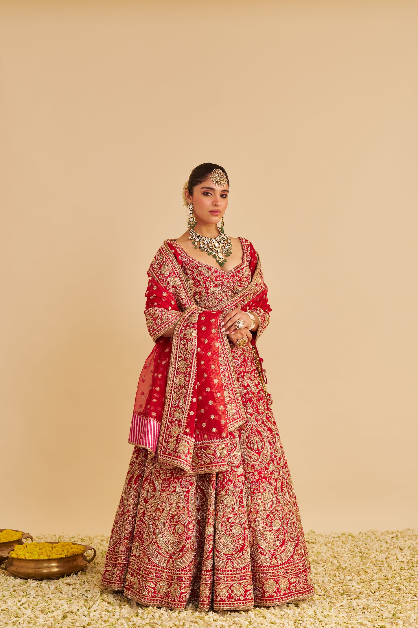 SANAA - DABKA ZARDOZI EMBROIDERED RAW SILK RED BRIDAL LEHENGA SET