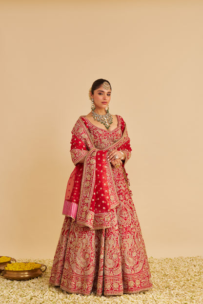 SANAA - DABKA ZARDOZI EMBROIDERED RAW SILK RED BRIDAL LEHENGA SET