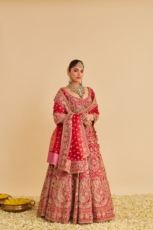 SANAA - DABKA ZARDOZI EMBROIDERED RAW SILK RED BRIDAL LEHENGA SET