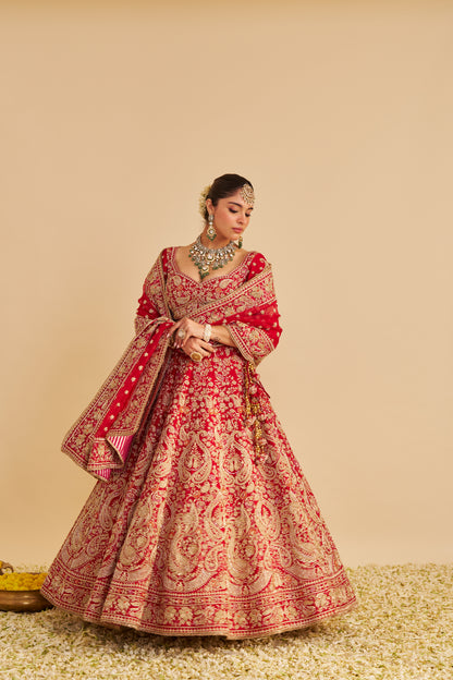 SANAA - DABKA ZARDOZI EMBROIDERED RAW SILK RED BRIDAL LEHENGA SET