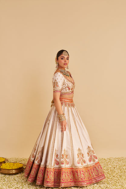 AMARA - HANDCRAFTED PURE SILK DAISY IVORY LEHENGA SET