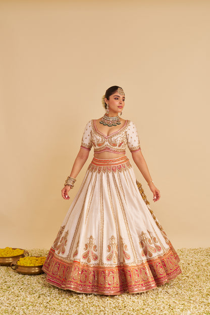 AMARA - HANDCRAFTED PURE SILK DAISY IVORY LEHENGA SET