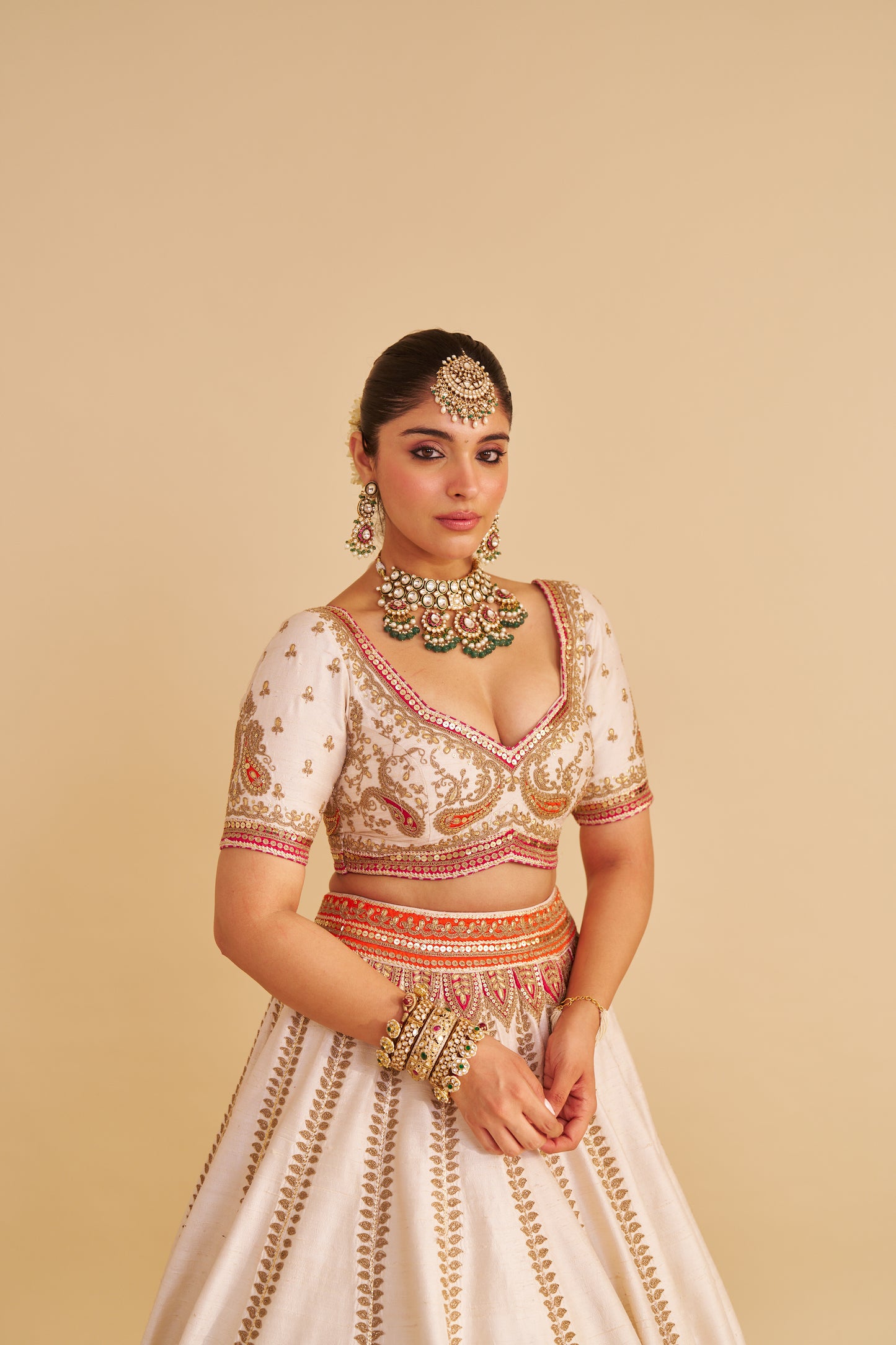 AMARA - HANDCRAFTED PURE SILK DAISY IVORY LEHENGA SET
