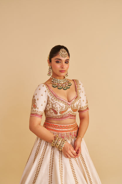 AMARA - HANDCRAFTED PURE SILK DAISY IVORY LEHENGA SET
