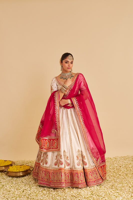 AMARA - HANDCRAFTED PURE SILK DAISY IVORY LEHENGA SET