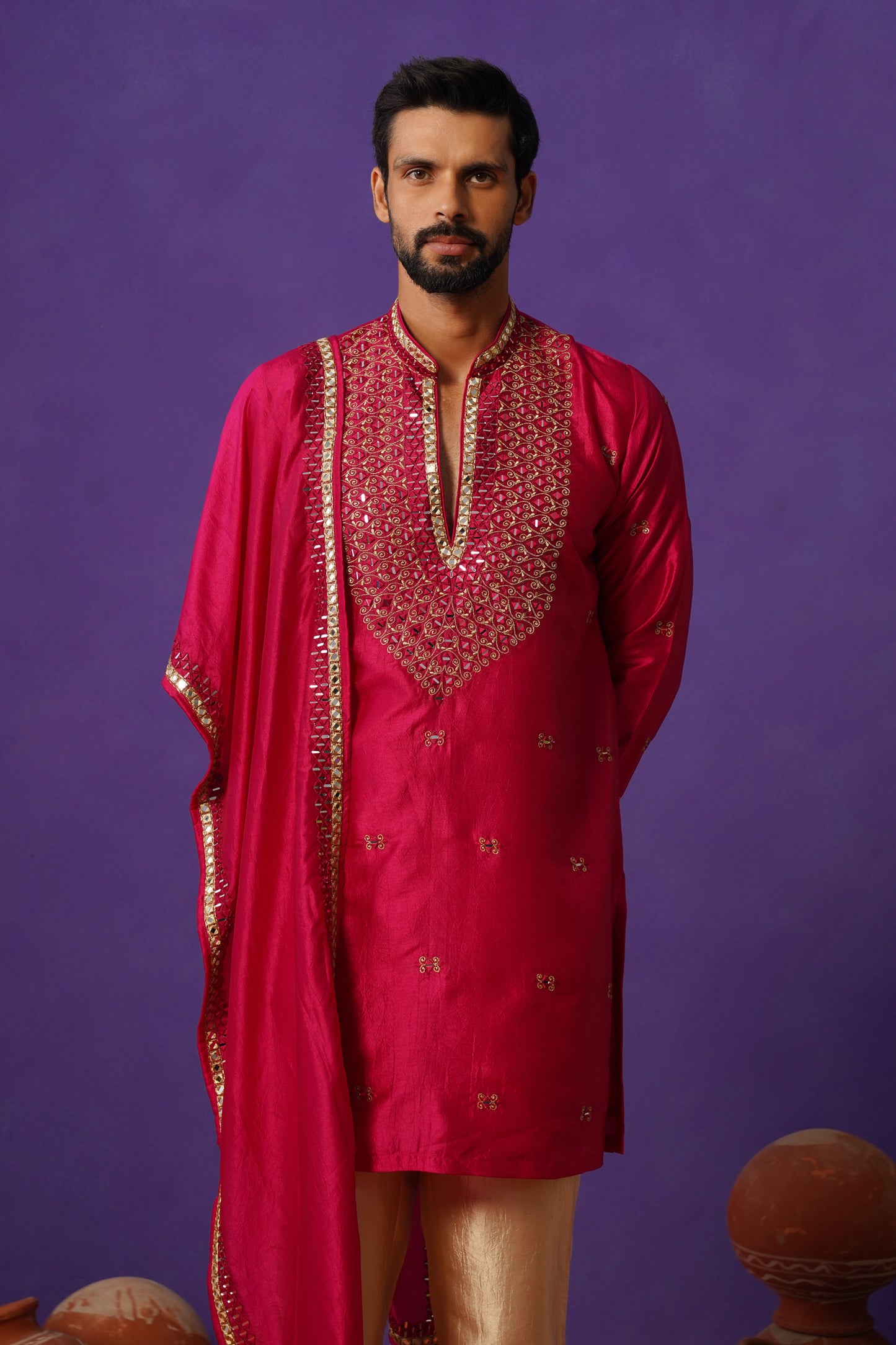 ZOHAYR HOT PINK V-NECK MIRROR KURTA DUPATTA SET