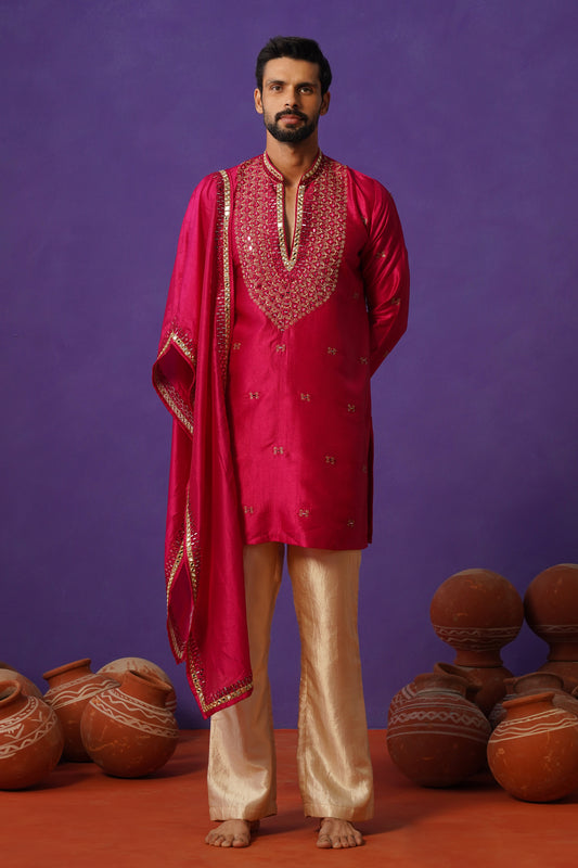 ZOHAYR HOT PINK V-NECK MIRROR KURTA DUPATTA SET