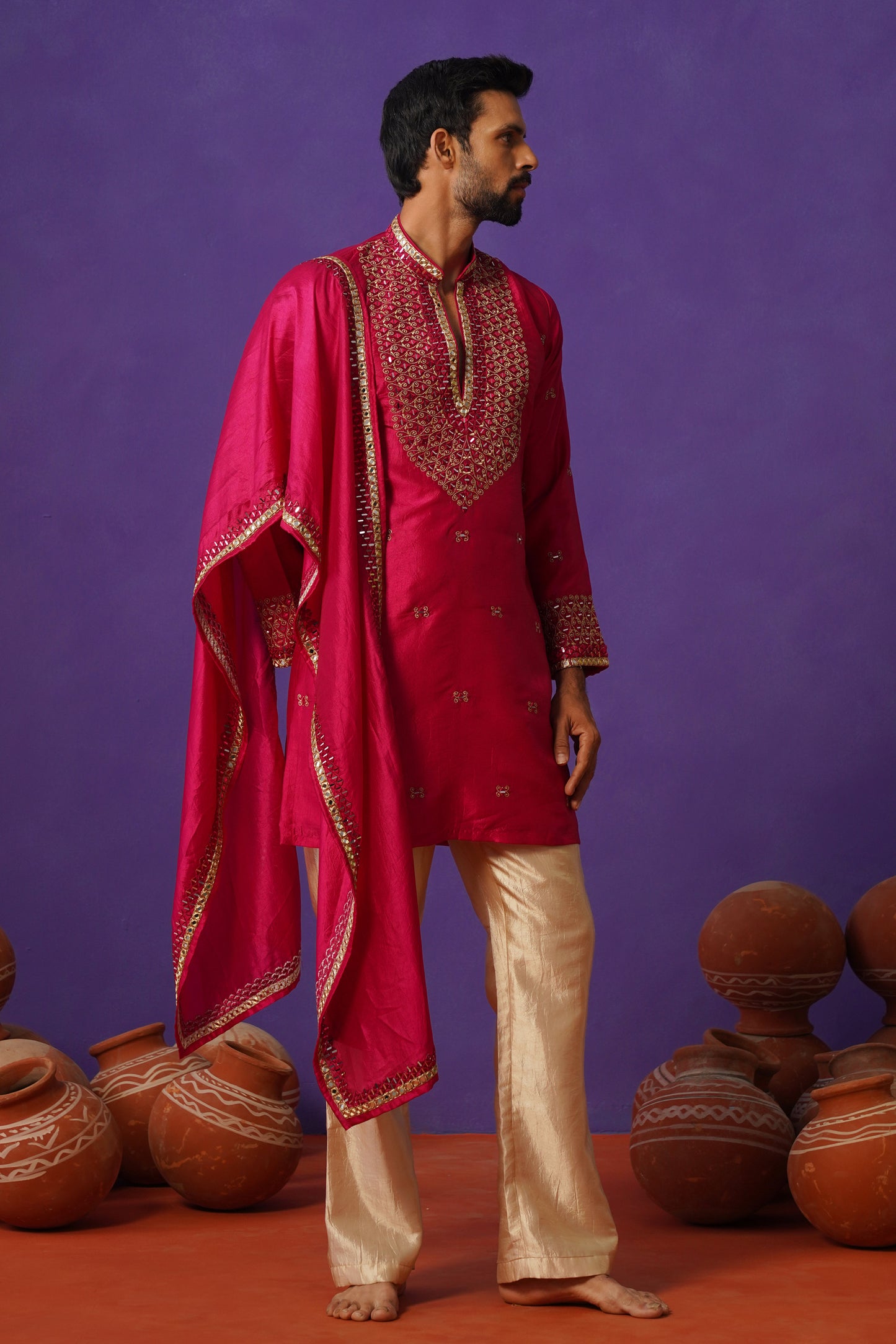 ZOHAYR HOT PINK V-NECK MIRROR KURTA DUPATTA SET