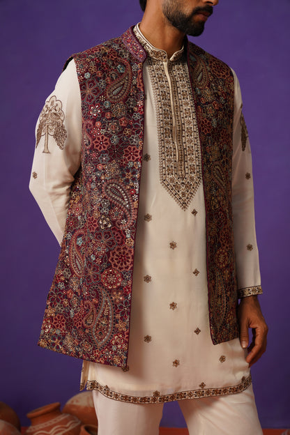 GAGAN WINE SHORT KURTA JACKET SET