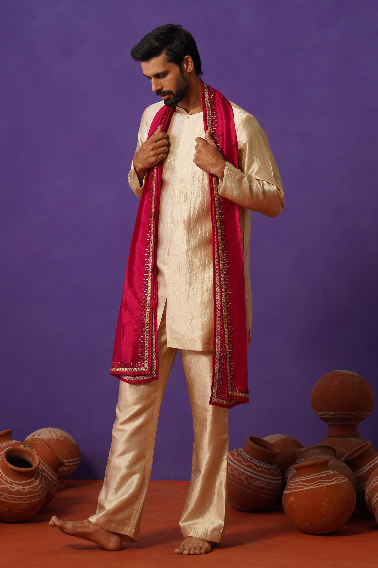 AVEN BEIGE SHORT KURTA DUPATTA SET