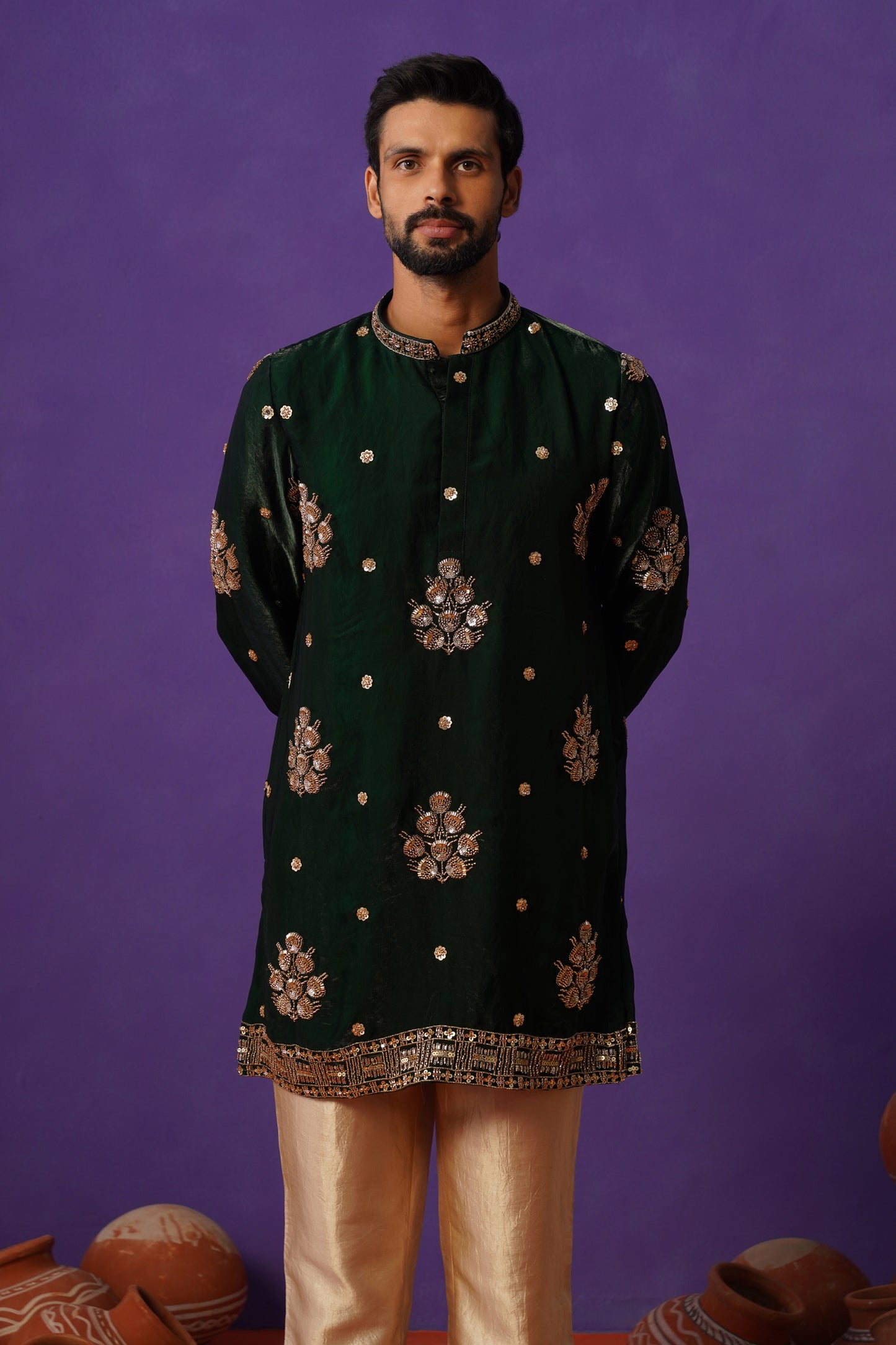 TAJ BOTTLE GREEN SHORT KURTA SET