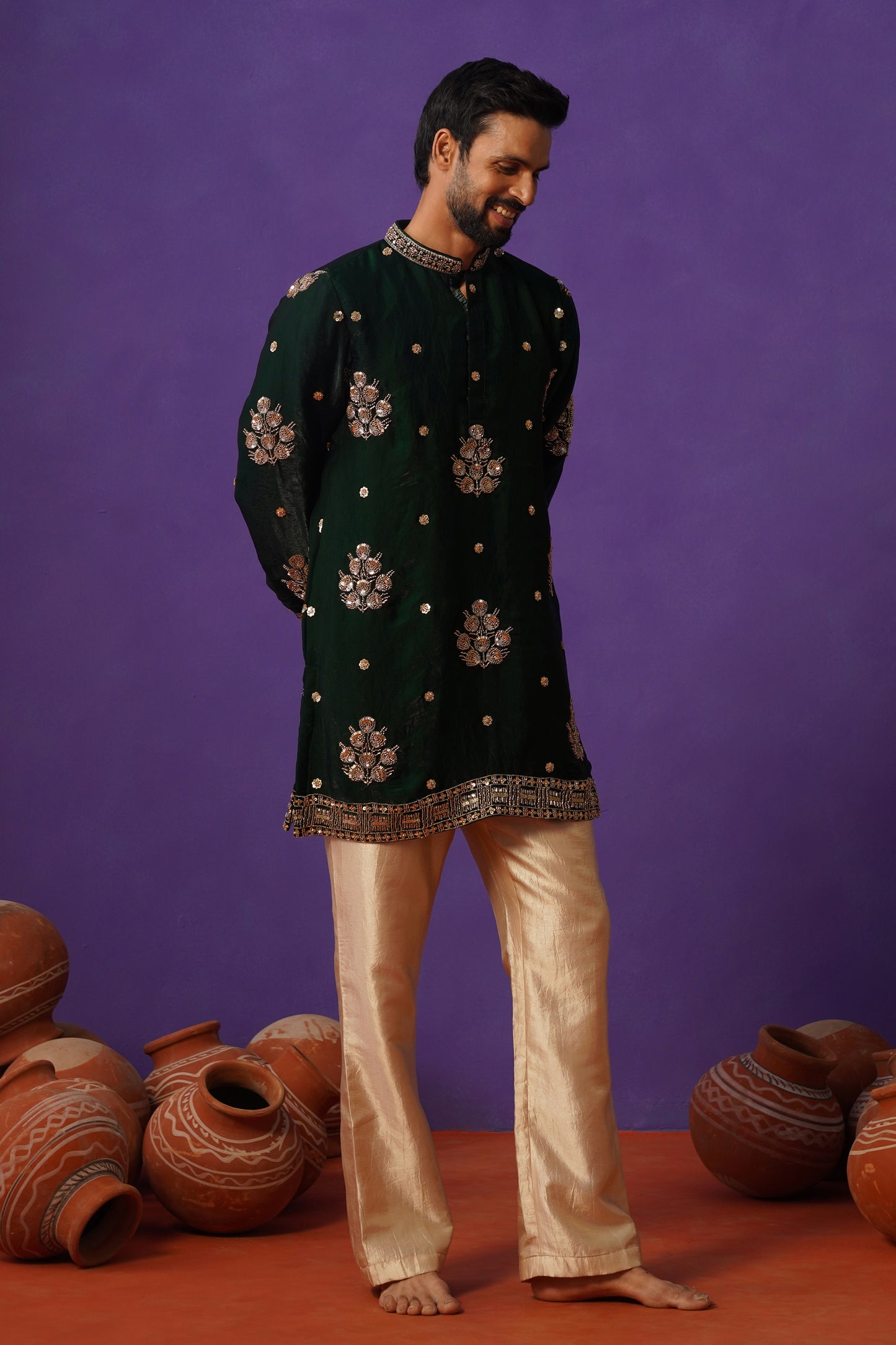 TAJ BOTTLE GREEN SHORT KURTA SET