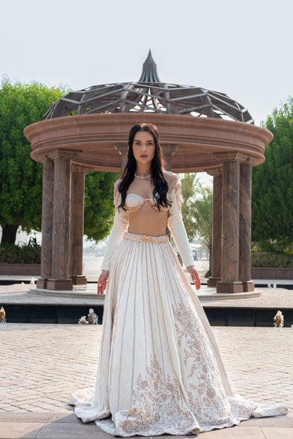 PEARL-FECTION WHITE TRAIL LEHENGA SET