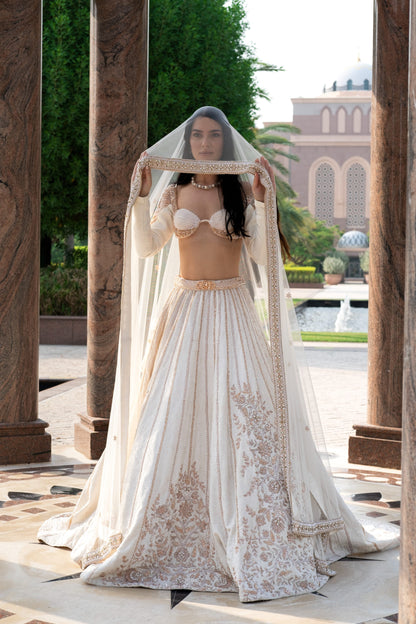 PEARL-FECTION WHITE TRAIL LEHENGA SET