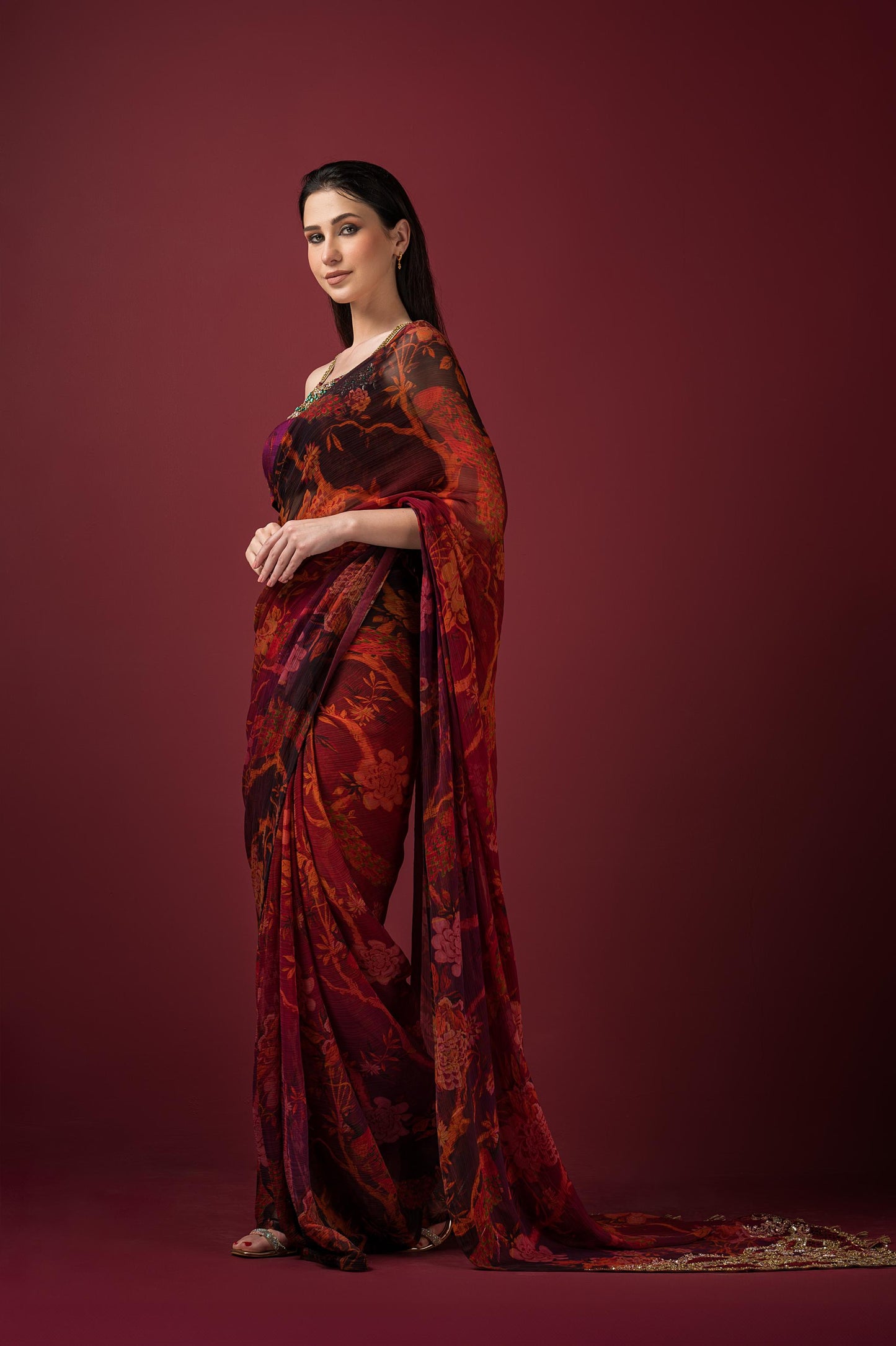 EMBROIDERED PRINTED SAREE SET