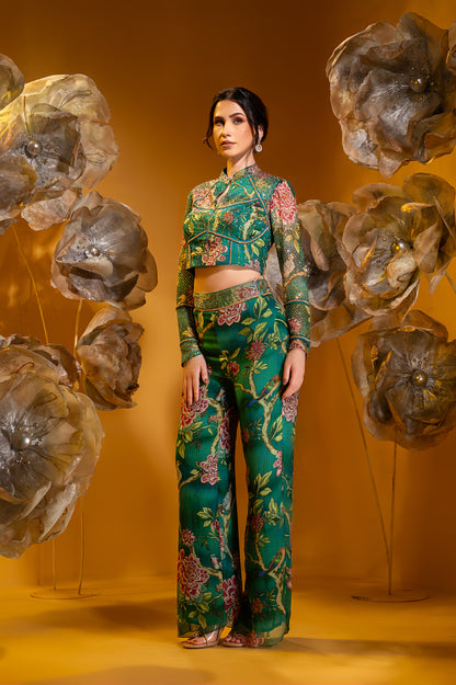 PRINTED FLARED PANT WITH CROP JACKET