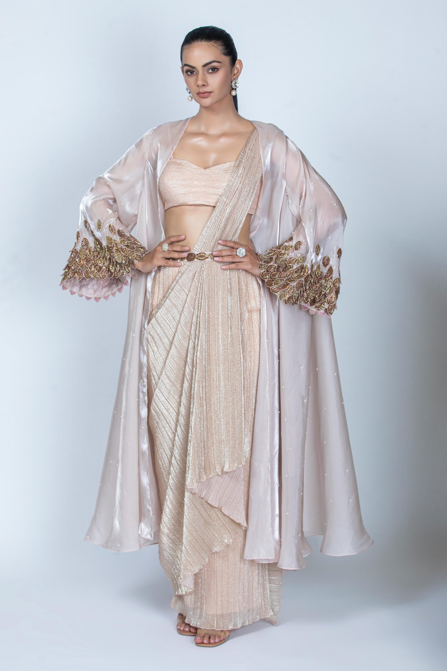 PEACH PLEATED SAREE & JACKET