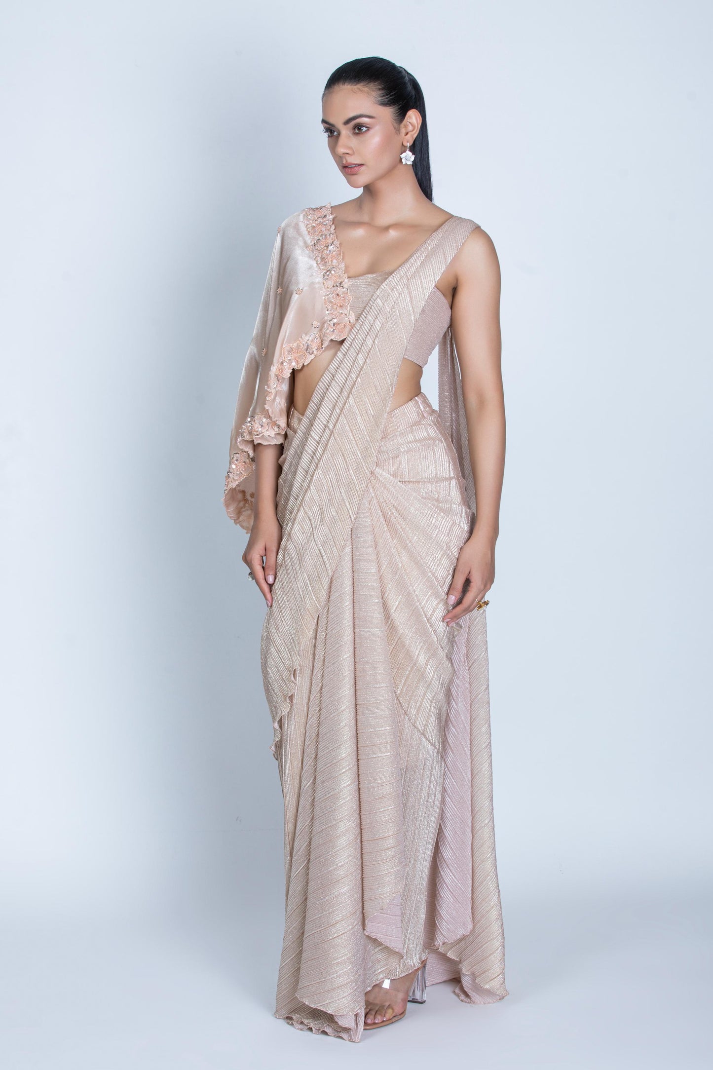 PEACH SHIMMER PLEATED SAREE