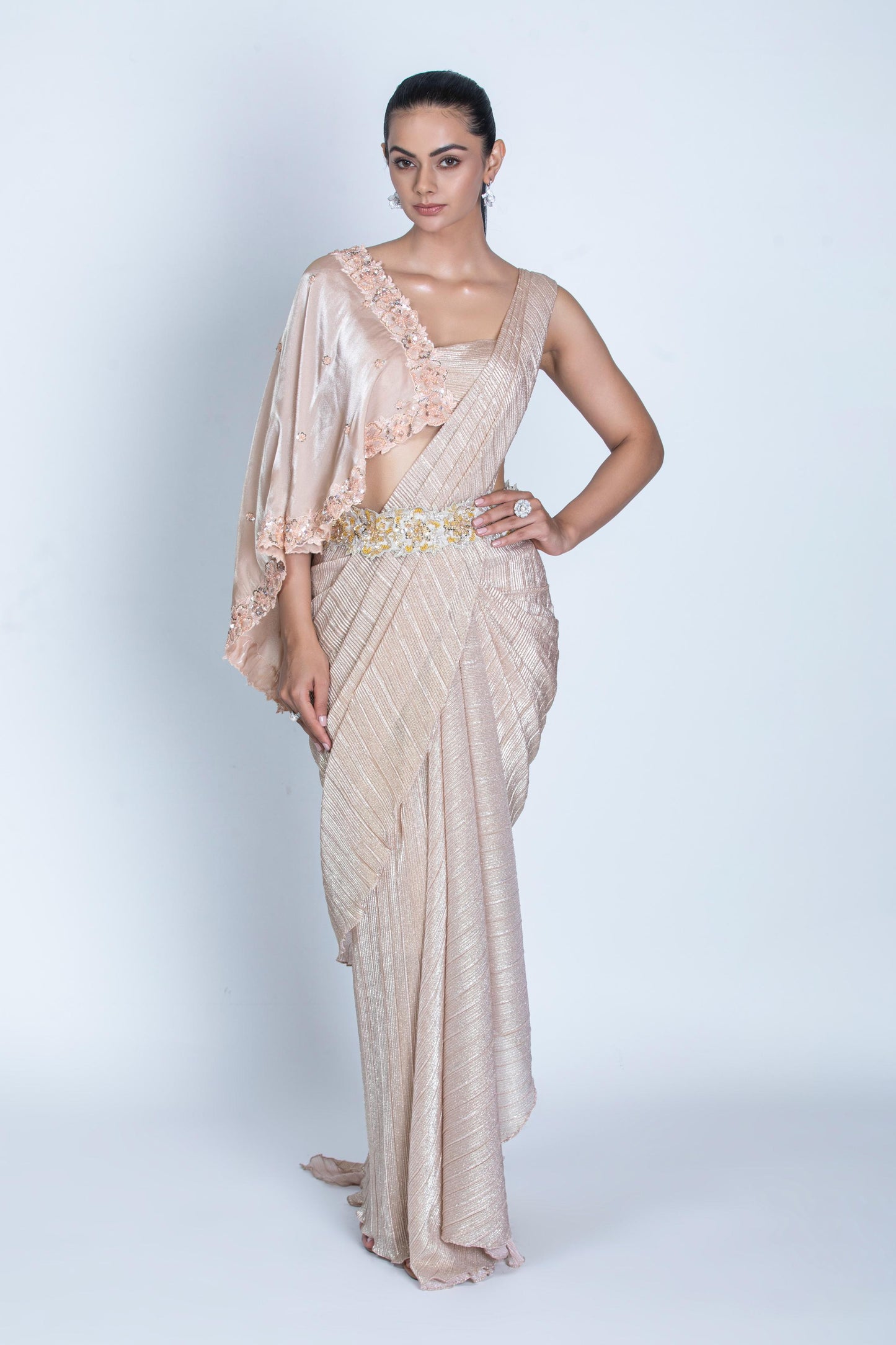 PEACH PLEATED SAREE & CAPE