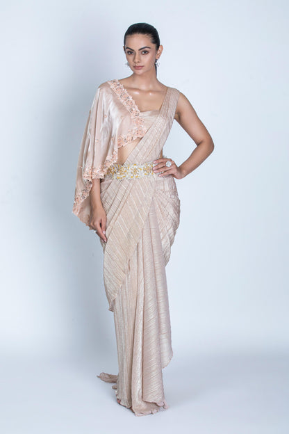 PEACH PLEATED SAREE & CAPE