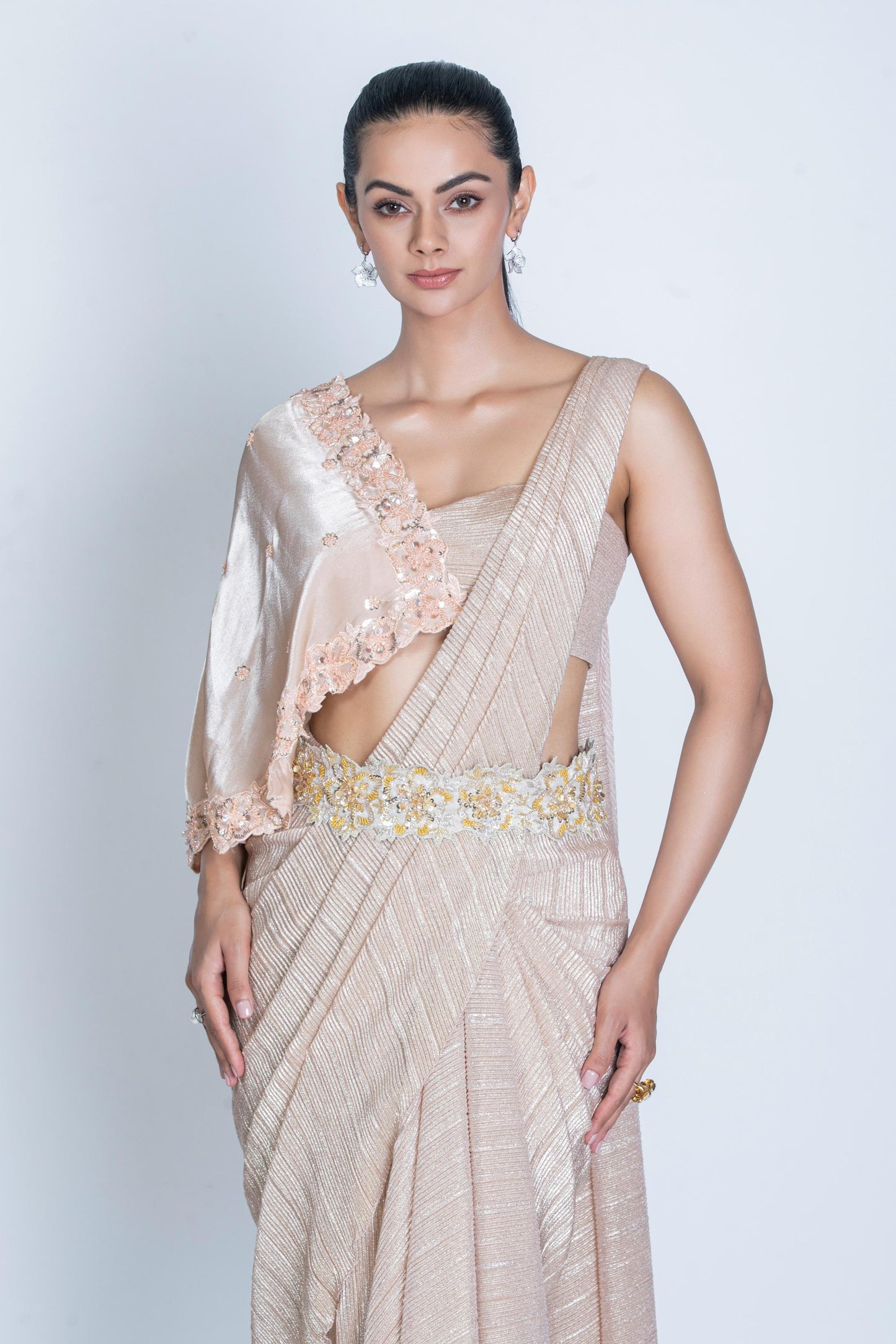 PEACH PLEATED SAREE & CAPE