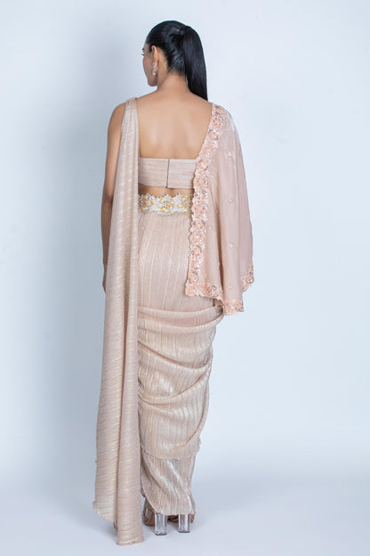 PEACH PLEATED SAREE & CAPE