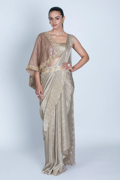 GOLDEN SAREE & FLOWER CAPE