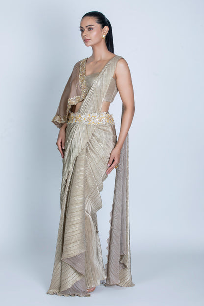 GOLDEN SAREE & FLOWER CAPE