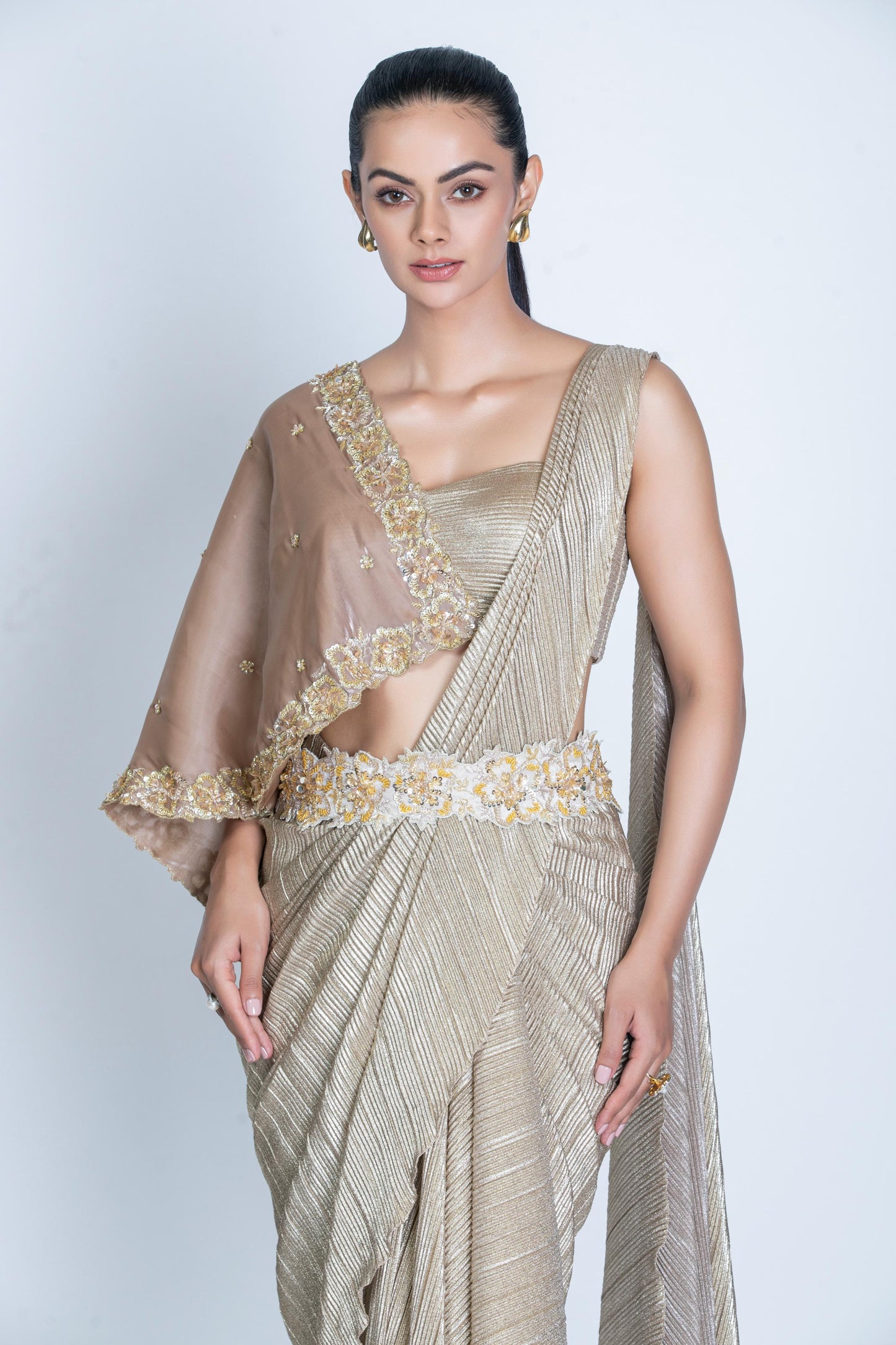 GOLDEN SAREE & FLOWER CAPE