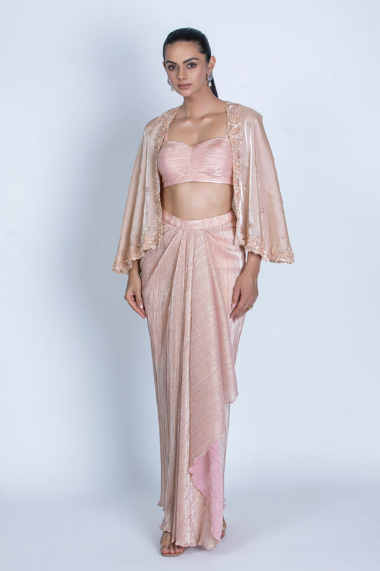 PEACH DHOTI SKIRT WITH BUSTIER AND TULE CAPE