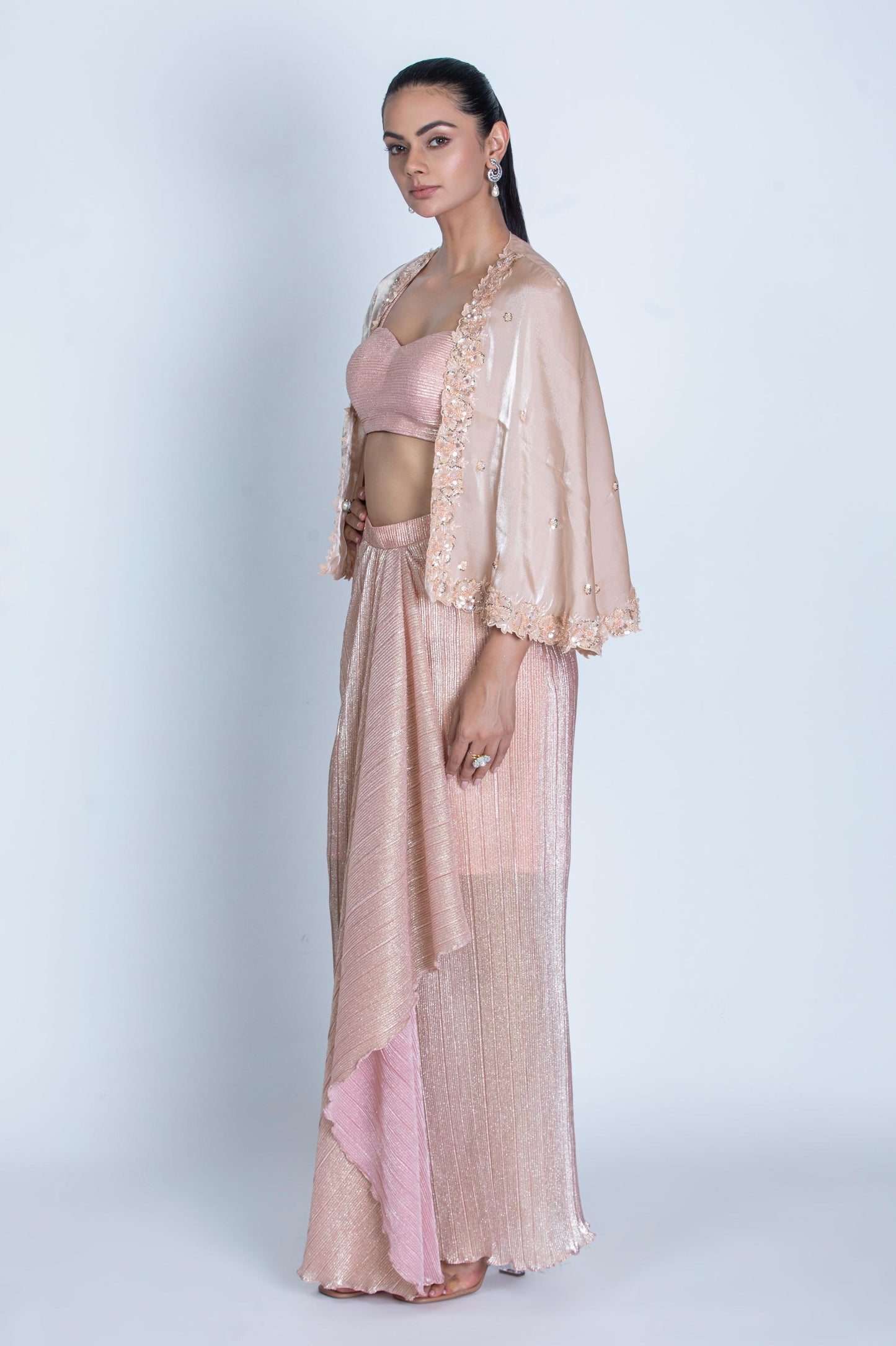 PEACH DHOTI SKIRT WITH BUSTIER AND TULE CAPE