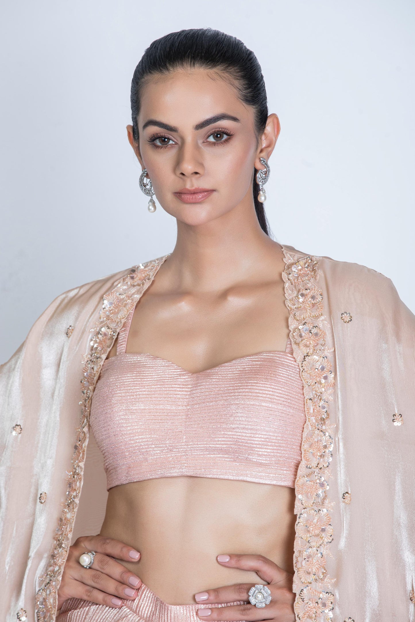 PEACH DHOTI SKIRT WITH BUSTIER AND TULE CAPE