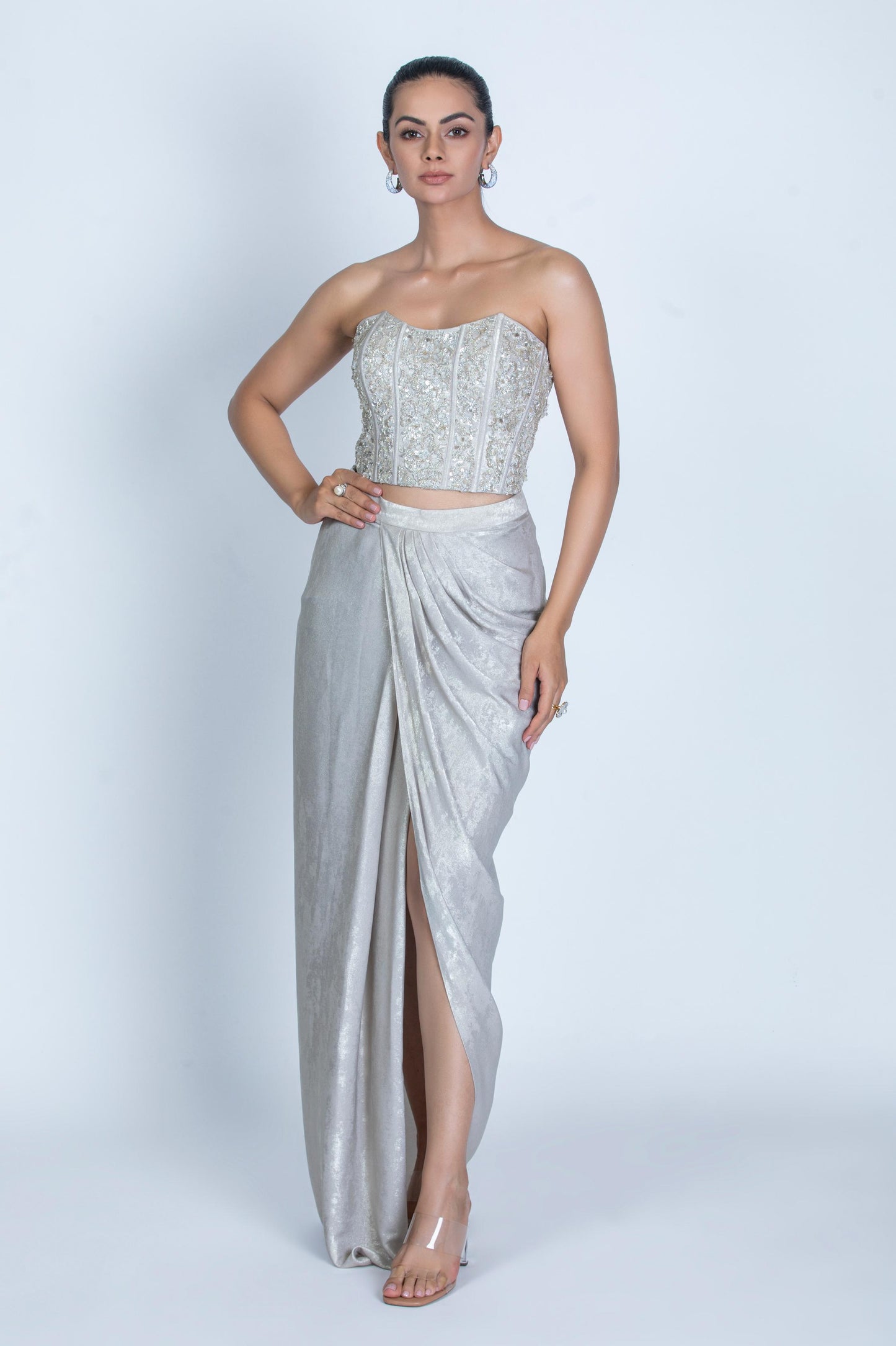 SILVER DRAPED SKIRT WITH CRYSTAL CORSET