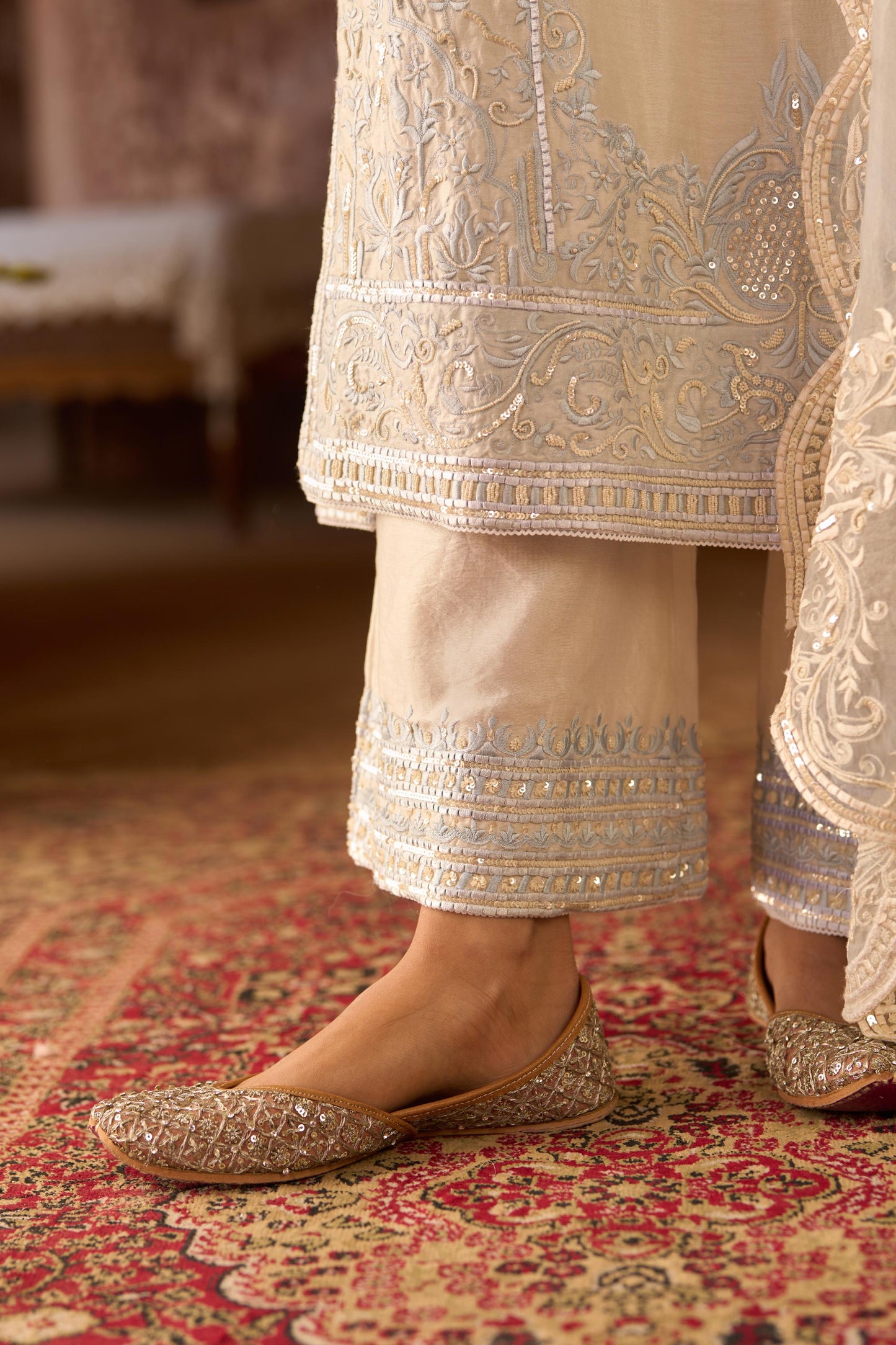 ENA - DAISY IVORY WITH BLUE LONG A-LINE KURTA WITH PALAZZO AND DUPATTA