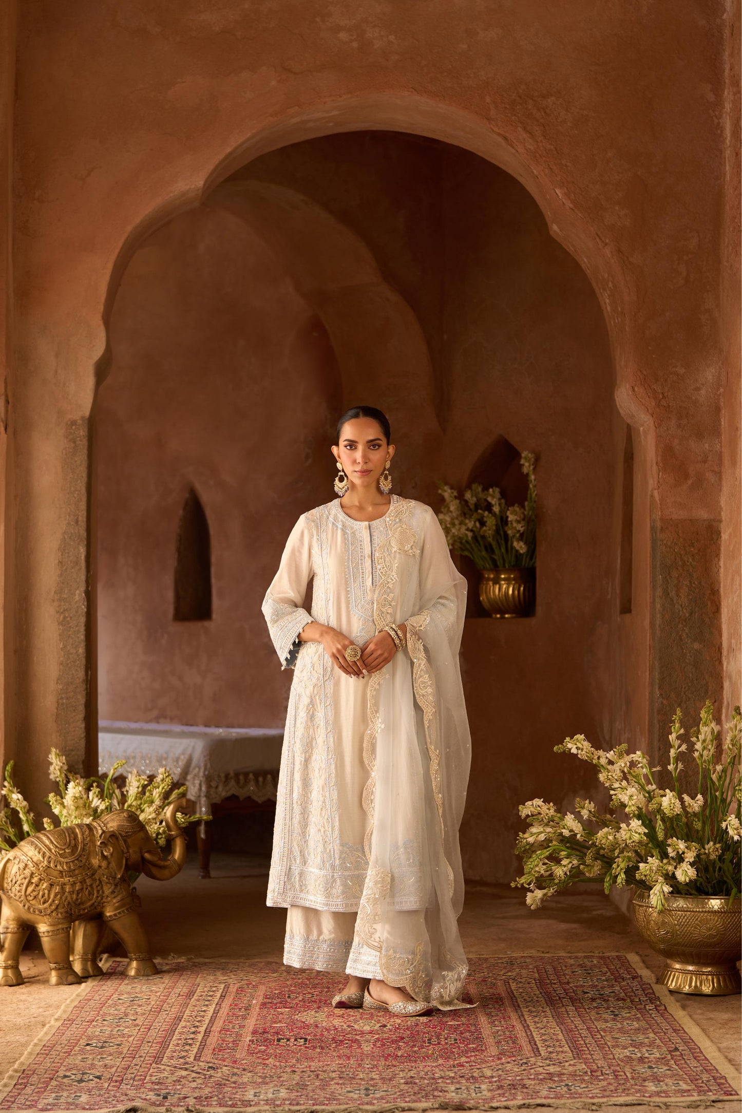 ENA - DAISY IVORY WITH BLUE LONG A-LINE KURTA WITH PALAZZO AND DUPATTA