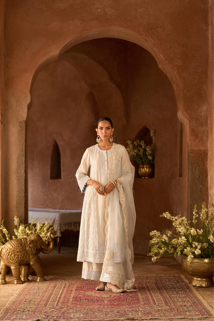 ENA - DAISY IVORY WITH BLUE LONG A-LINE KURTA WITH PALAZZO AND DUPATTA