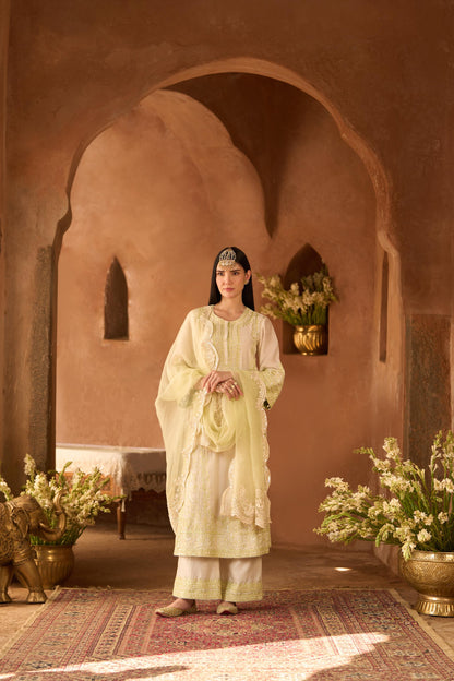 ENA - DAISY IVORY WITH MINT GREEN LONG A-LINE KURTA WITH PALAZZO AND DUPATTA