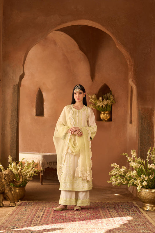ENA - DAISY IVORY WITH MINT GREEN LONG A-LINE KURTA WITH PALAZZO AND DUPATTA