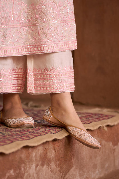 ENA - DAISY IVORY WITH PINK LONG A-LINE KURTA WITH PALAZZO AND DUPATTA