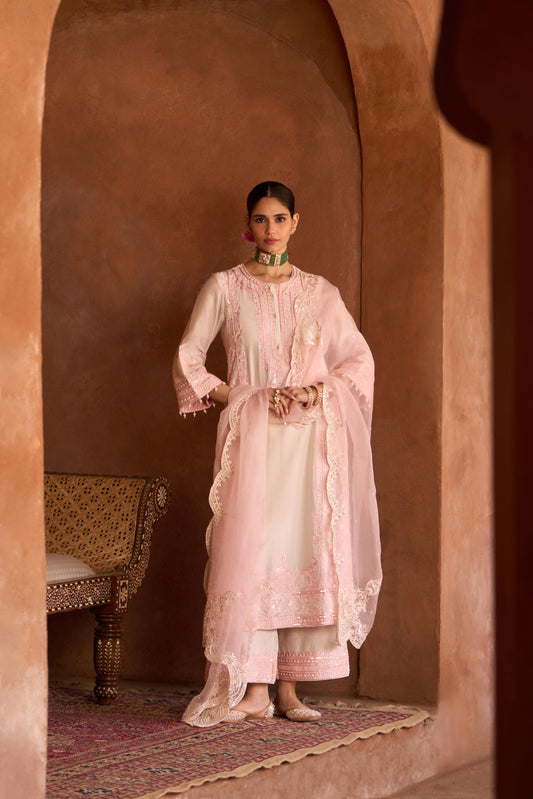 ENA - DAISY IVORY WITH PINK LONG A-LINE KURTA WITH PALAZZO AND DUPATTA