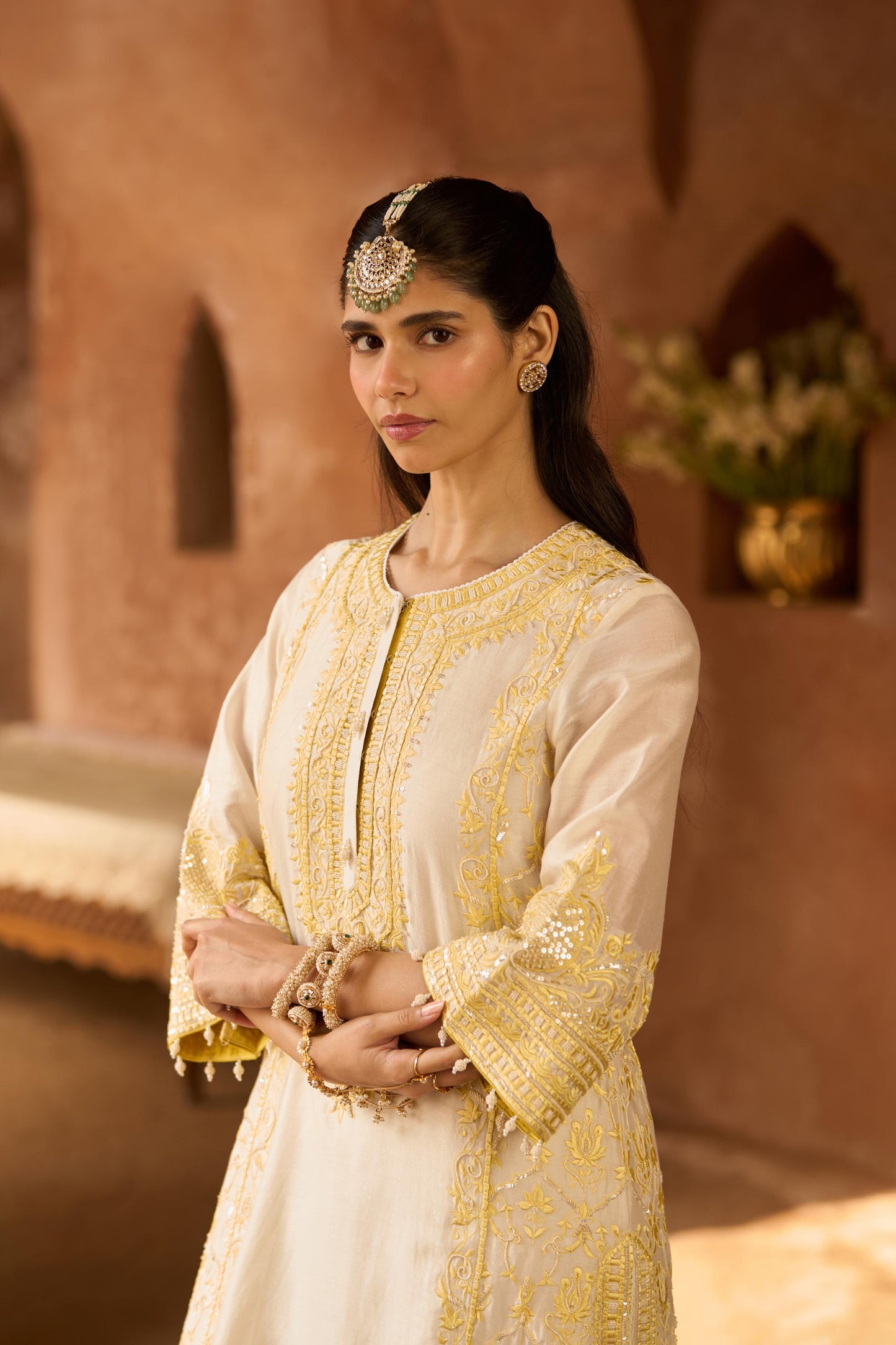 ENA - DAISY IVORY WITH LEMON YELLOW LONG A-LINE KURTA WITH PALAZZO AND DUPATTA