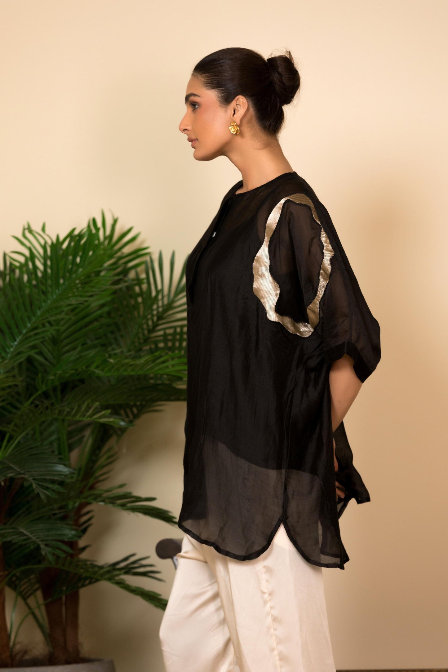 EEDA SILK SHIRT WITH ASYMMETRICAL PATCHWORK