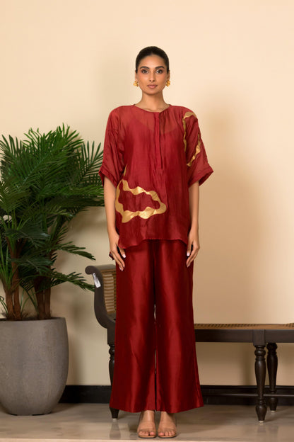 EEDA ASYMMETRICAL PATCHWORK  SILK SHIRT SET
