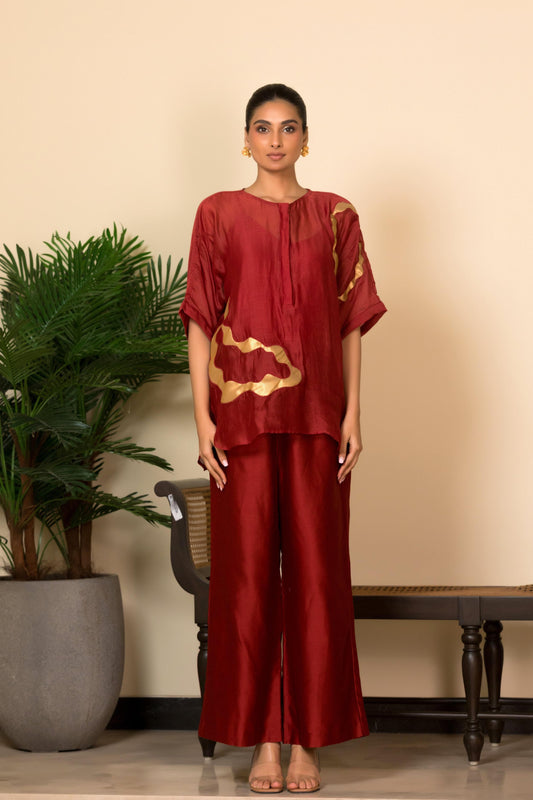 EEDA ASYMMETRICAL PATCHWORK  SILK SHIRT SET