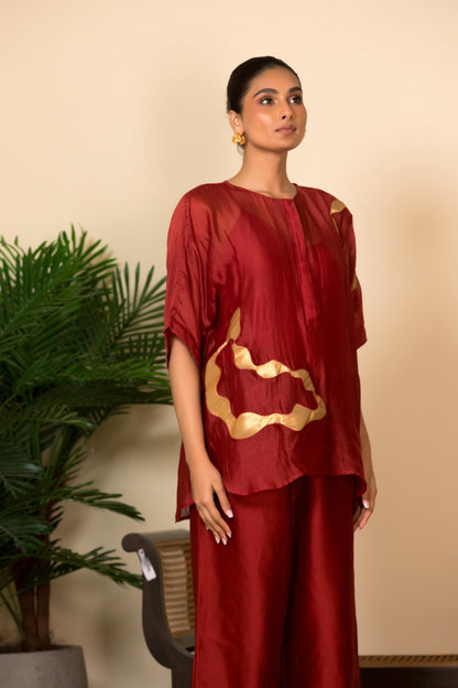 EEDA ASYMMETRICAL PATCHWORK  SILK SHIRT SET