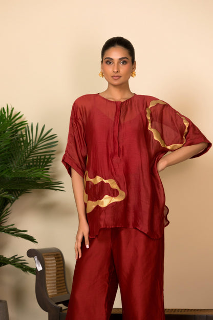 EEDA ASYMMETRICAL PATCHWORK  SILK SHIRT SET