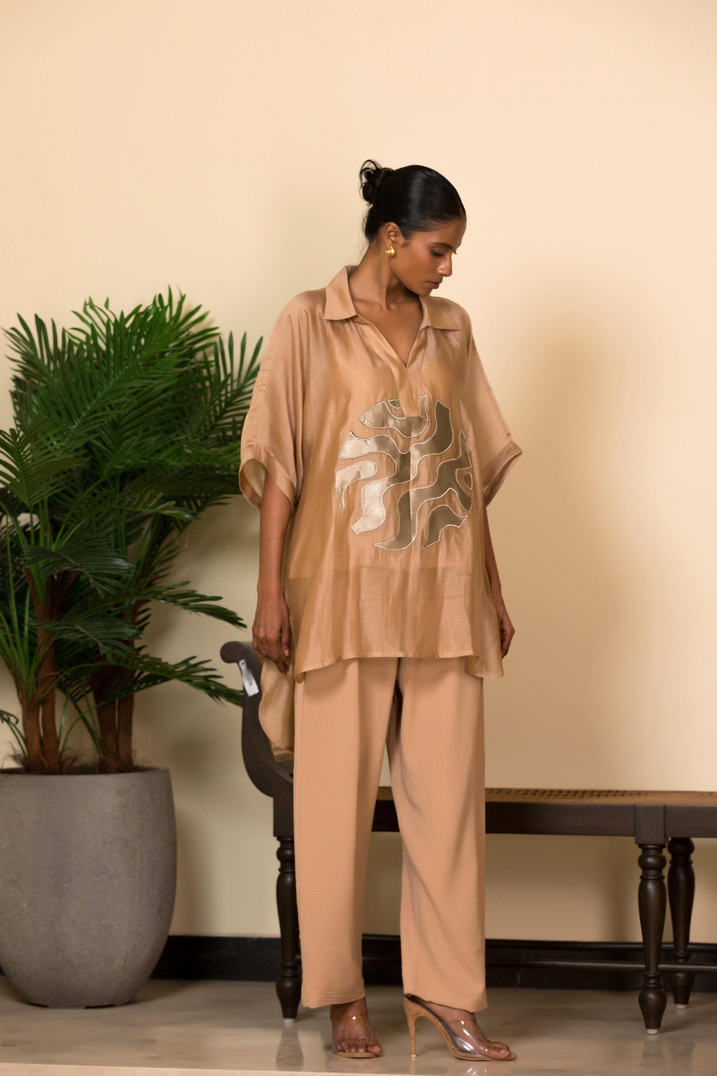 EEDA SILK CENTRE BROCADE PATCH SHIRT