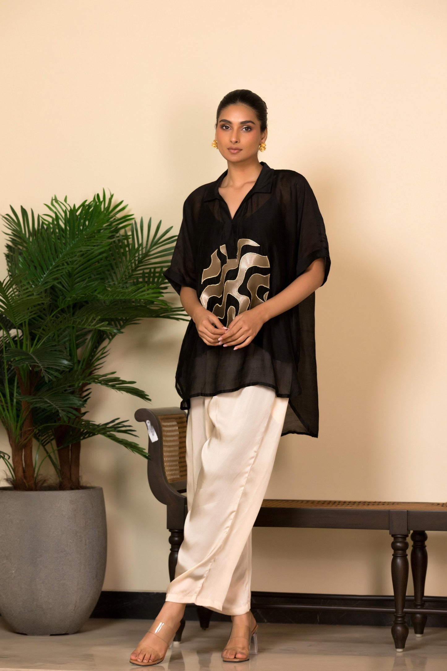 EEDA SILK CENTRE BROCADE PATCH SHIRT