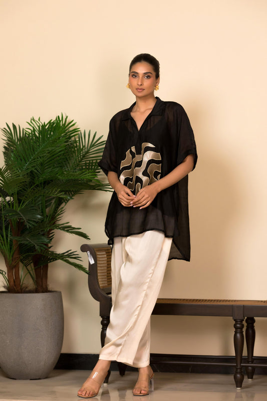 EEDA SILK CENTRE BROCADE PATCH SHIRT