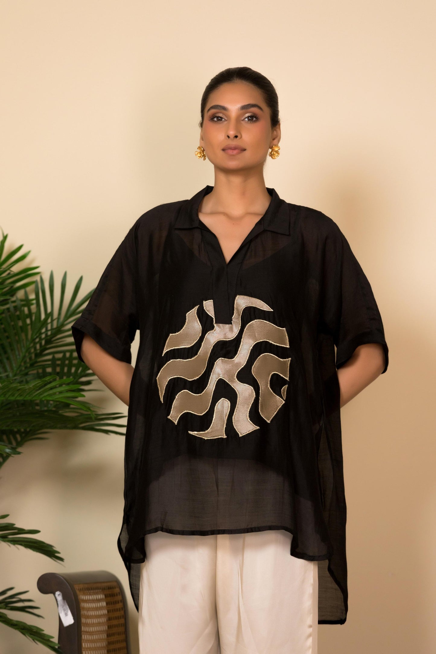 EEDA SILK CENTRE BROCADE PATCH SHIRT